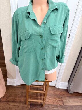 Barry Bricken 100% Silk Emerald Jade Button Front Blouse Relaxed Coastal Size 12